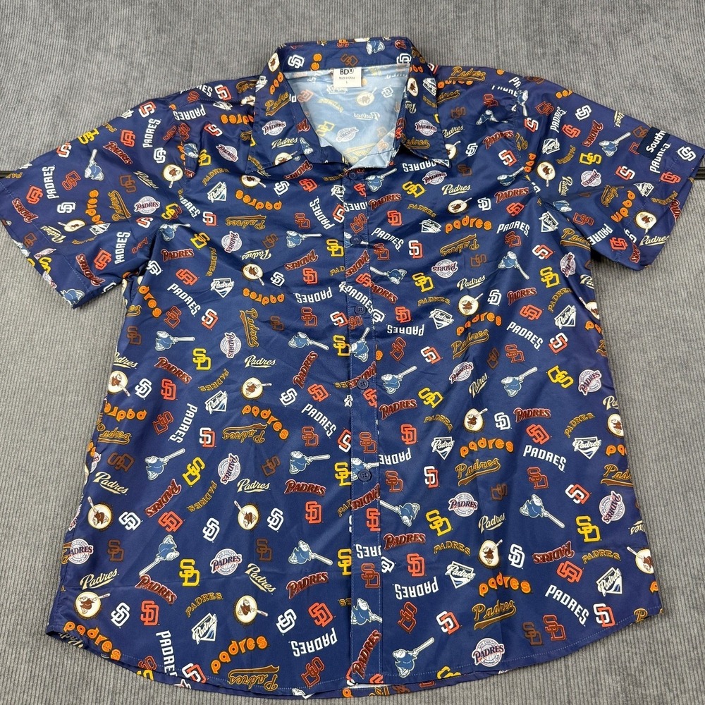 BDA San Diego Padres MLB All Over Print Button Down Shirt Mens Large‎ Navy Blue